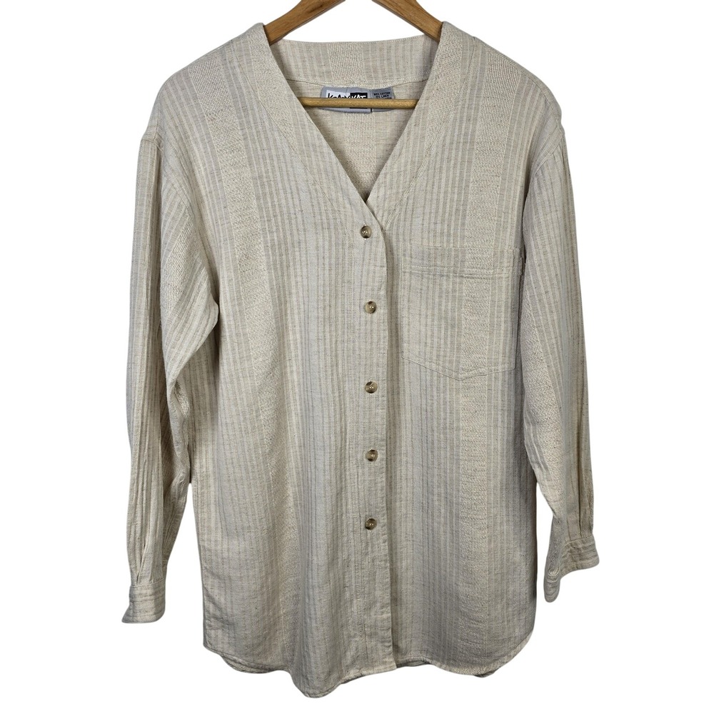 Krazy Kat Mens Cotton Linen Blend Striped Button Up Shirt Size Medium‎